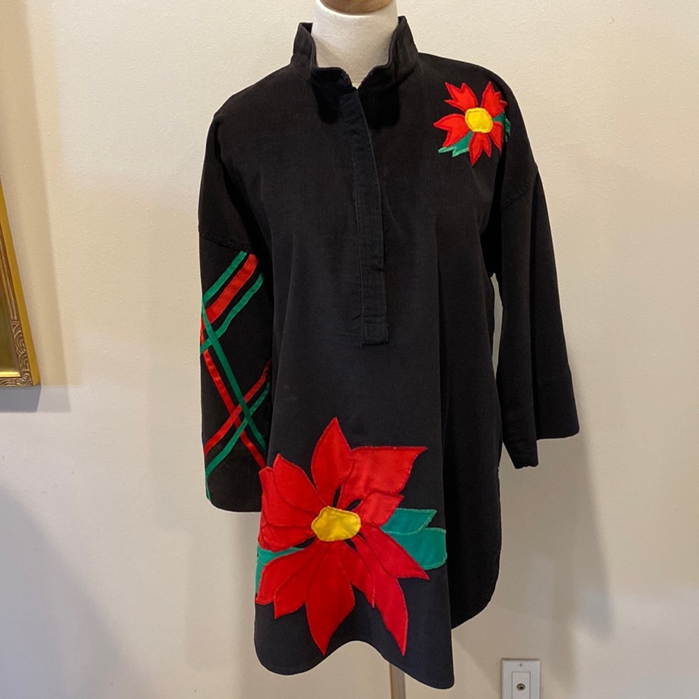 Black Christmas Tunic Handmade by Alfredo’s Wife with Merry Red & Green Accents.